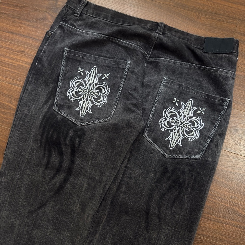 Raw Blue Jeans with White Embroidery